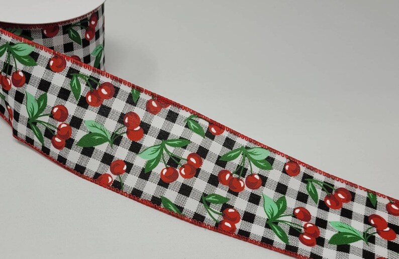 5 Yards FREE SHIPPING 2.5 Wired Black and White Gingham Check Cherry Ribbon