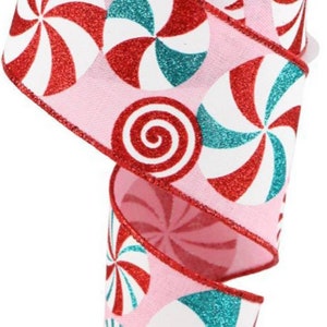 FREE SHIPPING - 10 Yards - 2.5" Red and Pink Peppermint Candy Swirl Christmas Ribbon
