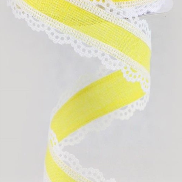 FREE SHIPPING - 10 Yards - 1.5" Wired Yellow Ribbon with White Lace Detail - Dainty Ribbon - Spring Ribbon - Baby Shower Ribbon