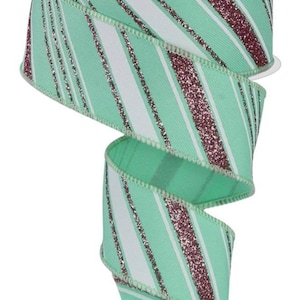 Wired Mint Green, White, and Pink Glitter Swirl Stripe Ribbon - Christmas Ribbon - Winter Ribbon-1.5”x10 Yards