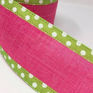 FREE SHIPPING - 10 Yards - 2.5" Wired Fuchsia Linen and Lime Green Ribbon with White Dot Edge - Summer Ribbon