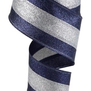 FREE SHIPPING - 10 Yards - 2.5&quot; Wired Navy Blue and Silver Heavy Glitter Stripe Ribbon - Sports Ribbon
