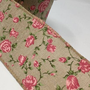 FREE SHIPPING - 2.5&quot; Wired Natural Canvas with Pink Roses Ribbon - Floral Ribbon - Vintage Inspired Ribbon - 5 Yards