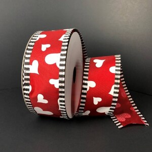 FREE SHIPPING - 10 Yards - 1.5" Wired Heart Ribbon with Black and White Stripe Edge - Valentines Day Ribbon