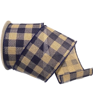 Wired Navy Blue and Tan Check Ribbon- 2.5”x10 Yards