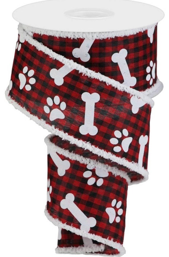 FREE SHIPPING 10 Yards 2.5 Wired Red and Black Check Paw Print Ribbon With White Drift Edge Dog Ribbon Dog Bone Ribbon Etsy