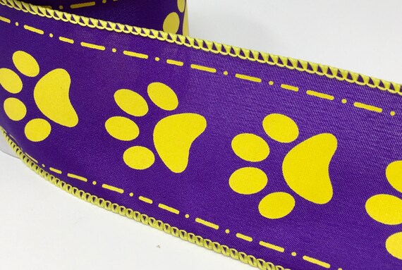 2.5 Paw Print Polka Dot Ribbon: Purple & Yellow (10 Yards)