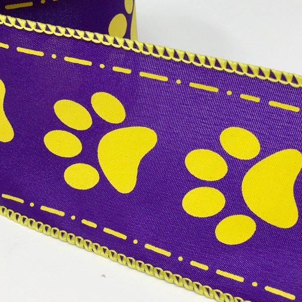 FREE SHIPPING- 2.5" Wired Purple and Golden Yellow Paw Print Ribbon - Dog Ribbon - LSU Inspired Ribbon - 10 Yards