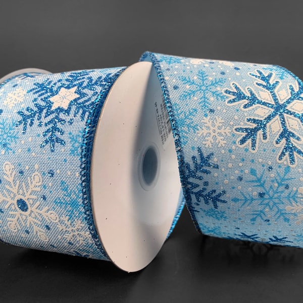 FREE SHIPPING - 10 Yards - 2.5" Wired Blue Sparkle Snowflakes Ribbon - Winter Ribbon - Snow Ribbon - Christmas Ribbon