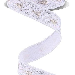 May include: A spool of white ribbon featuring a repeating diamond pattern with alternating gold and silver glitter Christmas tree motifs. The spool label displays the text RG RIBBON QUALITY SELECTION VALUE in white on a teal background.