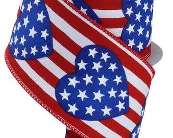10 Yards - 2.5" Wired Red and White Stripe Background Patriotic Heart Ribbon - July 4 Ribbon