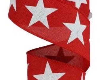 Wired Red with White Stars Patriotic Ribbon- 2.5”x10 Yards