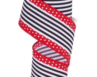 FREE SHIPPING - 10 Yards - 2.5" Wired White and Blue Stripe Polka Dot Edge Ribbon - Patriotic Ribbon
