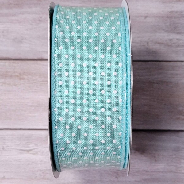 FREE SHIPPING - 10 Yards - 1.5" Wired Mint and White Swiss Dot Ribbon - Summer Ribbon