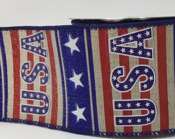 10 Yards - 2.5" Wired Natural USA  Patriotic Ribbon - July 4 Ribbon