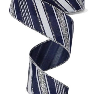 Wired Navy, White, and Silver Glitter Swirl Stripe Ribbon - Christmas Ribbon - Winter Ribbon- 1.5”x10 Yards