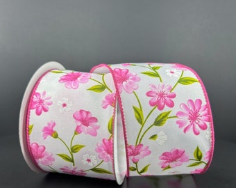 FREE SHIPPING - 10 Yards - 2.5" Wired White Background Pink Floral Ribbon