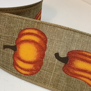 FREE SHIPPING- 2.5&quot; Wired Dark Natural Linen Ribbon with Orange Pumpkins -J - Fall Ribbon - Pumpkin Ribbon - 10 Yards