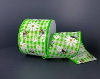 FREE SHIPPING - 10 Yards - 2.5" Wired Lime Green and White Gingham Check Bee and Daisy Ribbon - Spring Ribbon - Summer Ribbon