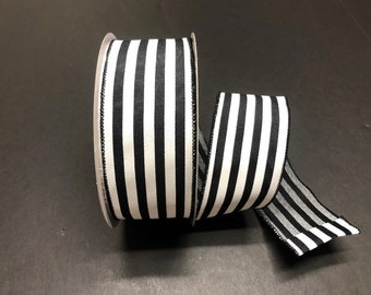 50 Yards - 2.5" Wired Black and White Horizontal Stripe Ribbon