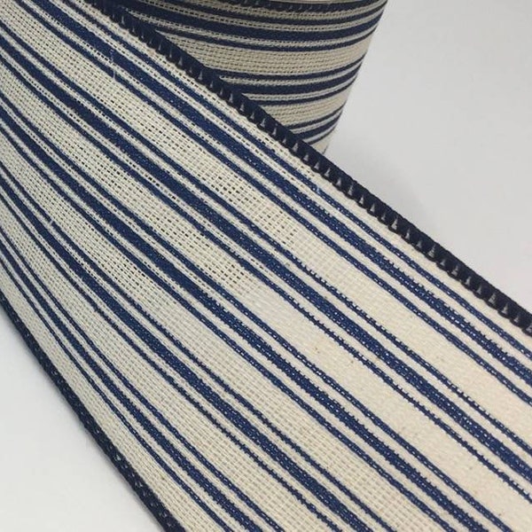FREE SHIPPING - 10 Yards - 2.5" Wired Cream and Navy Ticking Stripes Linen Ribbon