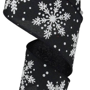FREE SHIPPING - 10 Yards - 2.5" Wired Black Winter Snowflake Ribbon with Glitter Accent - Winter Ribbon - Christmas Ribbon