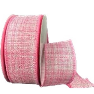 May include: A roll of pink and white woven ribbon. The ribbon is a solid pink color on the edges and has a textured, woven appearance. The ribbon is partially unrolled, showing the texture.