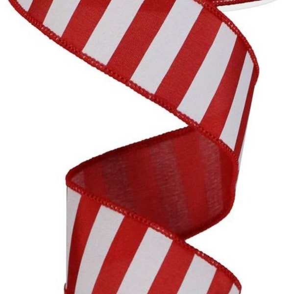 FREE SHIPPING - 10 Yards - 1.5" Wired Red and White Stripe Ribbon - Everyday Ribbon