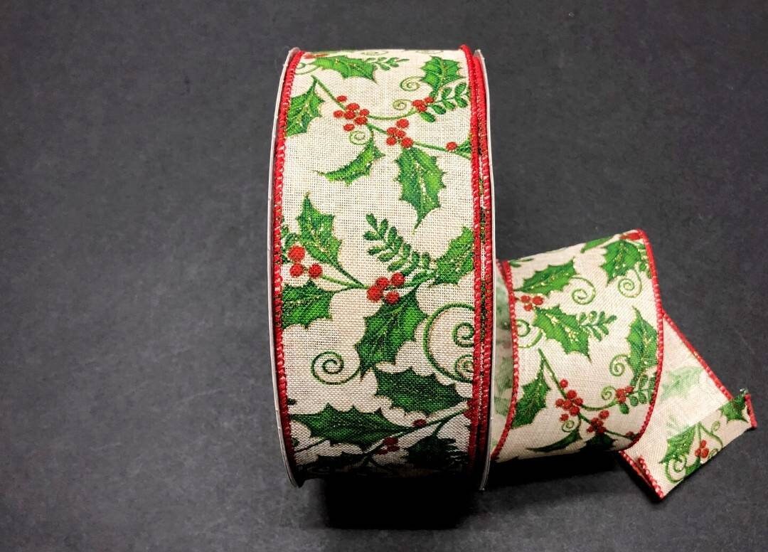 Holly on Burlap 2.5 Inch Wire Ribbon 50 Yards — Rich Plus Gift