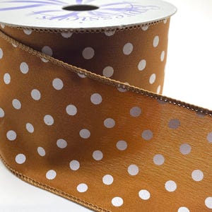 FREE SHIPPING- 10 Yards - 2.5&quot; White Polka Dots on Copper Satin Ribbon