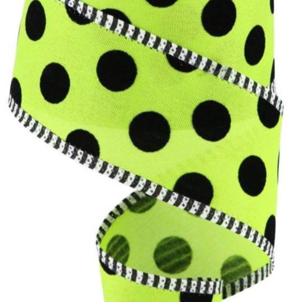 FREE SHIPPING - 10 Yards - 2.5" Wired Lime Green and Black Polka Dot Halloween Ribbon with Black and White Striped Edge