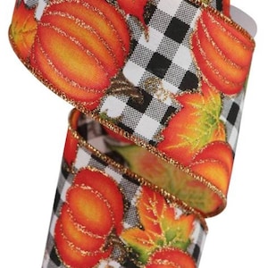 FREE SHIPPING - 10 Yards - 2.5&quot; Wired Fall Pumpkin Ribbon on Black and White Check with Orange Glitter Accent - Autumn Ribbon