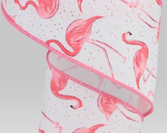 10 Yards - 2.5" Wired White Background Ribbon with Pink Flamingos and Glitter Accent