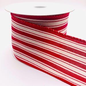 Ivory Canvas Dark Red Ticking Stripe Wired Ribbon- 2.5&quot; x 10 yards