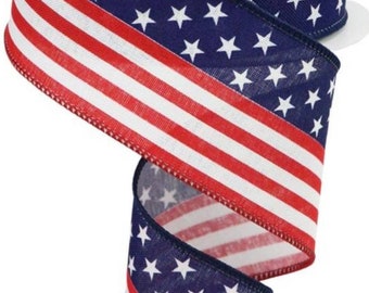 10 Yards - 2.5" Wired American Flag Ribbon - Patriotic Ribbon - 4th of July Ribbon - Stars and Stripes Ribbon