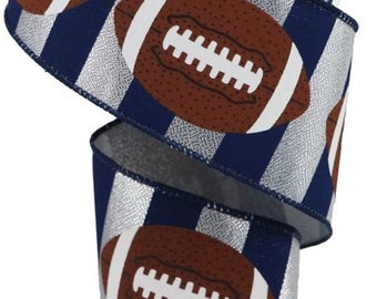 FREE SHIPPING - 2.5&quot; Wired Navy and Silver Stripe Football Ribbon - Dallas Cowboys Inspired - 10 Yards