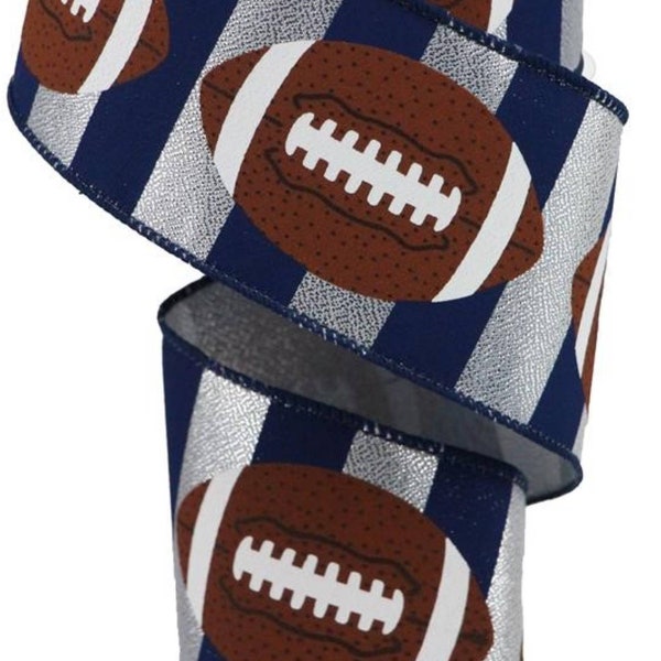 FREE SHIPPING - 2.5" Wired Navy and Silver Stripe Football Ribbon - Dallas Cowboys Inspired - 10 Yards