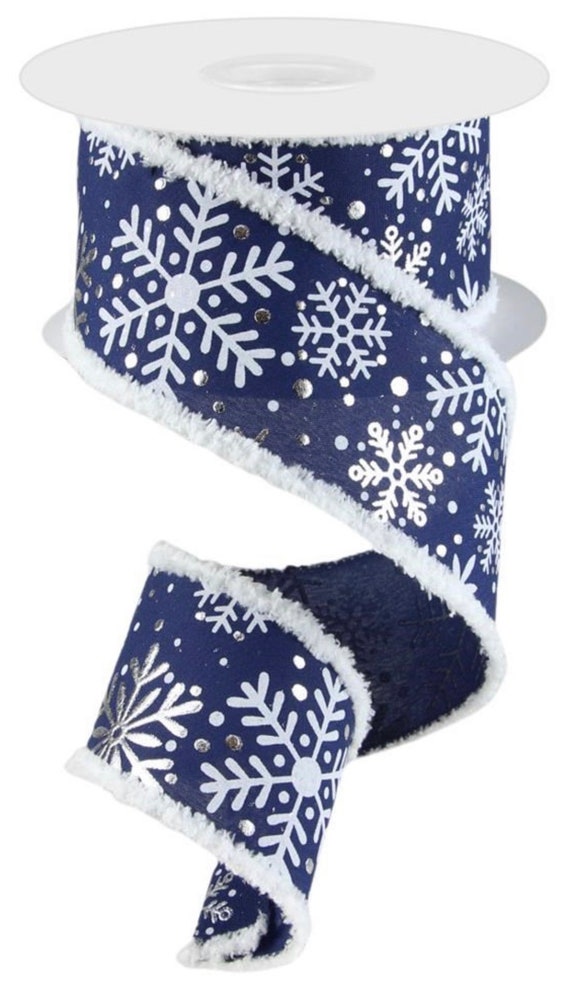 FREE SHIPPING - 10 Yards - 2.5 Wired Navy, White, and Metallic Silver  Winter Snowflake Ribbon with Snowdrift Edge - Winter Ribbon