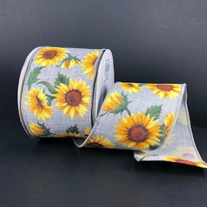 FREE SHIPPING - 10 Yards - 2.5&quot; Wired Gray Background Sunflower Ribbon - Fall Ribbon - Autumn Ribbon