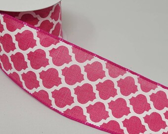 FREE SHIPPING - 10 Yards - 2.5" Wired Pink and White Quatrefoil Ribbon