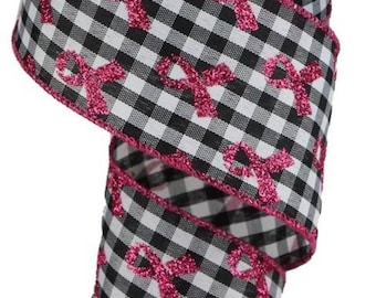 FREE SHIPPING - 10 Yards - 2.5" Wired Black and White Gingham Check Glitter Breast Cancer Ribbon