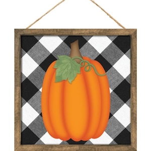 Orange Pumpkin Fall Wreath Sign with Black and White Check Background