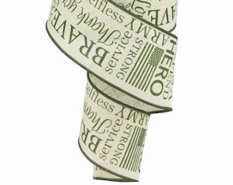10 Yards - 2.5" Wired Green Army Ribbon on Cream Background -  Quality Ribbon - Everyday Ribbon