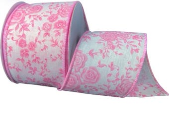 Pink Rose Floral Wired Ribbon - 2.5 Inch, 10 Yards