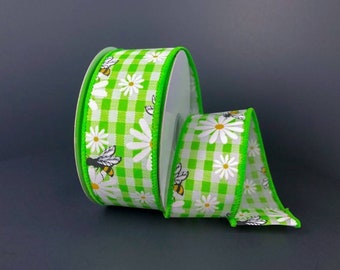 FREE SHIPPING - 10 Yards - 1.5" Wired Line Green and White Gingham Check Bee and Daisy Ribbon - Spring Ribbon - Summer Ribbon