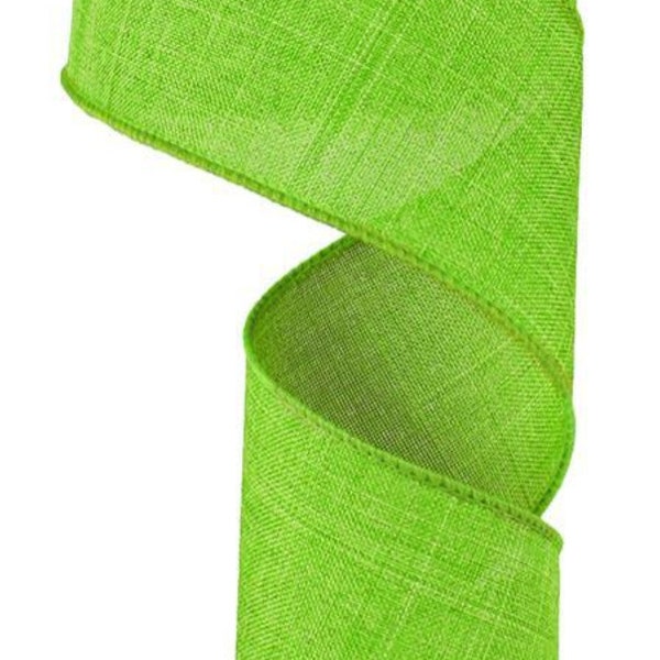 FREE SHIPPING - 10 Yards - 2.5" Wired Lime Green Linen Ribbon - Everyday Ribbon - Quality Ribbon