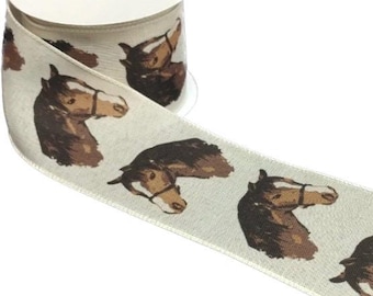 10 Yards - 2.5" Wired Cream Background Horse Ribbon - Equine Ribbon