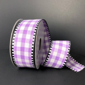 FREE SHIPPING - 10 Yards - 1.5&quot; Wired Lavendar and White Check Ribbon with Black and White Stripe Edge