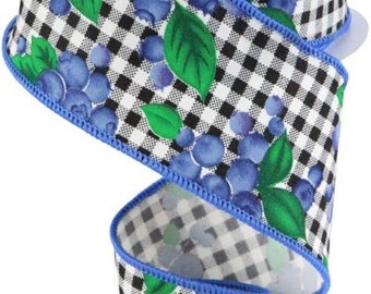 FREE SHIPPING - 10 Yards - 2.5" Wired Blueberry Ribbon on Black and White Gingham Check Background - Spring Ribbon - Fruit Ribbon