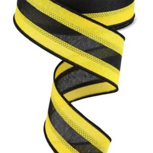 FREE SHIPPING - 10 Yards - 1.5&quot; Wired Black and Sun Yellow Stripe Ribbon - Bee Ribbon - Sports Team Ribbon - Steelers Inspired Ribbon